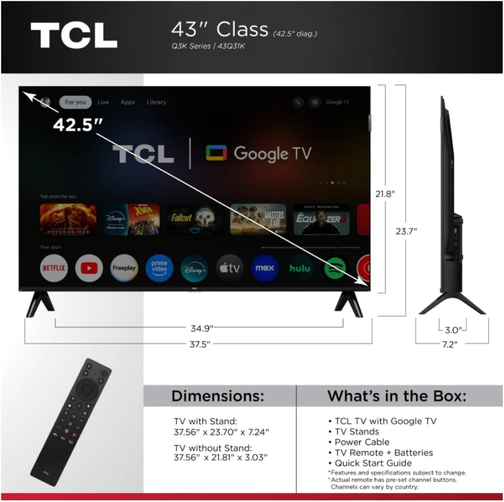 TCL 43-inch 43Q31K Class Q3K Series FHD QLED Smart Google TV Bluetooth(Renewed)