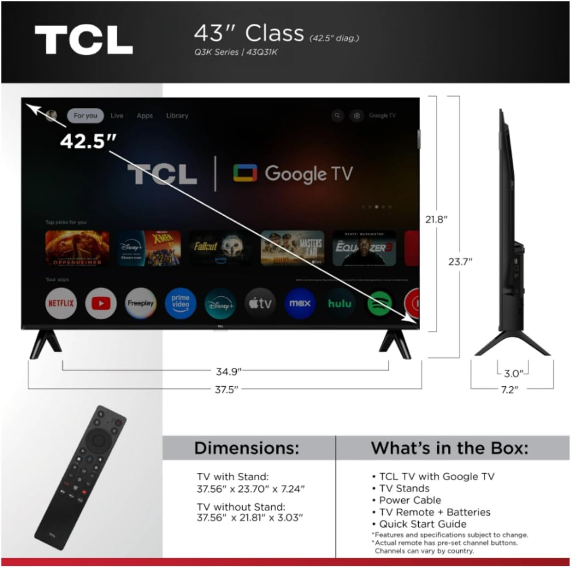 TCL 43-inch 43Q31K Class Q3K Series FHD QLED Smart Google TV Bluetooth(Renewed)