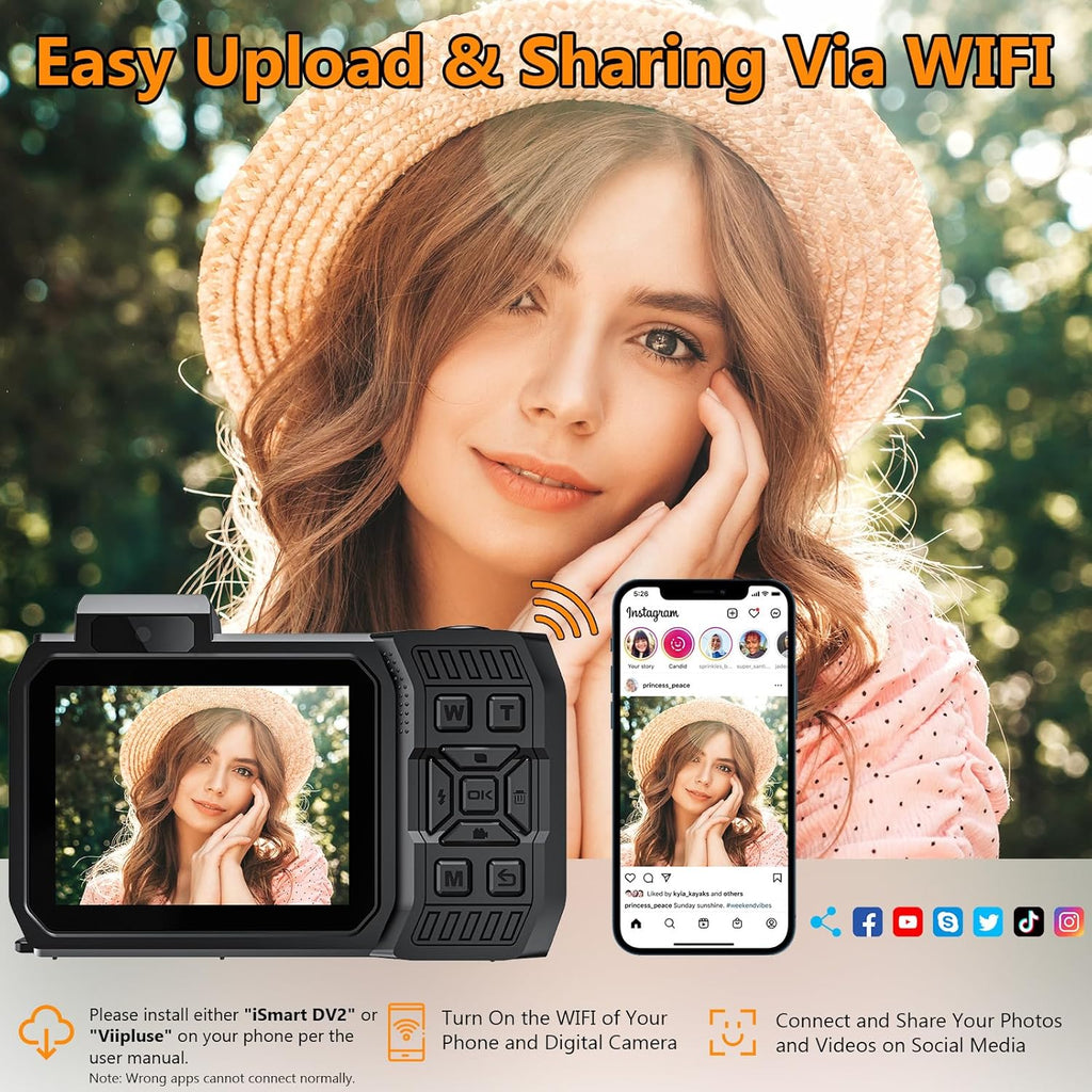 UHD 8K Underwater Camera, 70MP 33FT WiFi Waterproof Digital Camera with 64GB Card, Auto Focus Waterproof Dual-Screen Selfie 2500mAh Battery, 18X Floatable Digital for Snorkeling, Orange