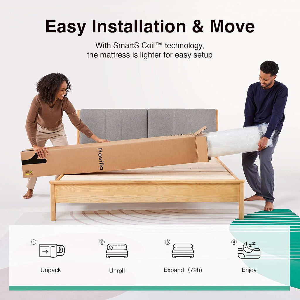Novilla 10 Inch Queen Size Mattress in a Box, Hypoallergenic & Back Pain Relief, Hybrid Queen Mattresses with Smarts Coils, Fiberglass Free CertiPUR-US Certified Colchones No Box Spring Needed