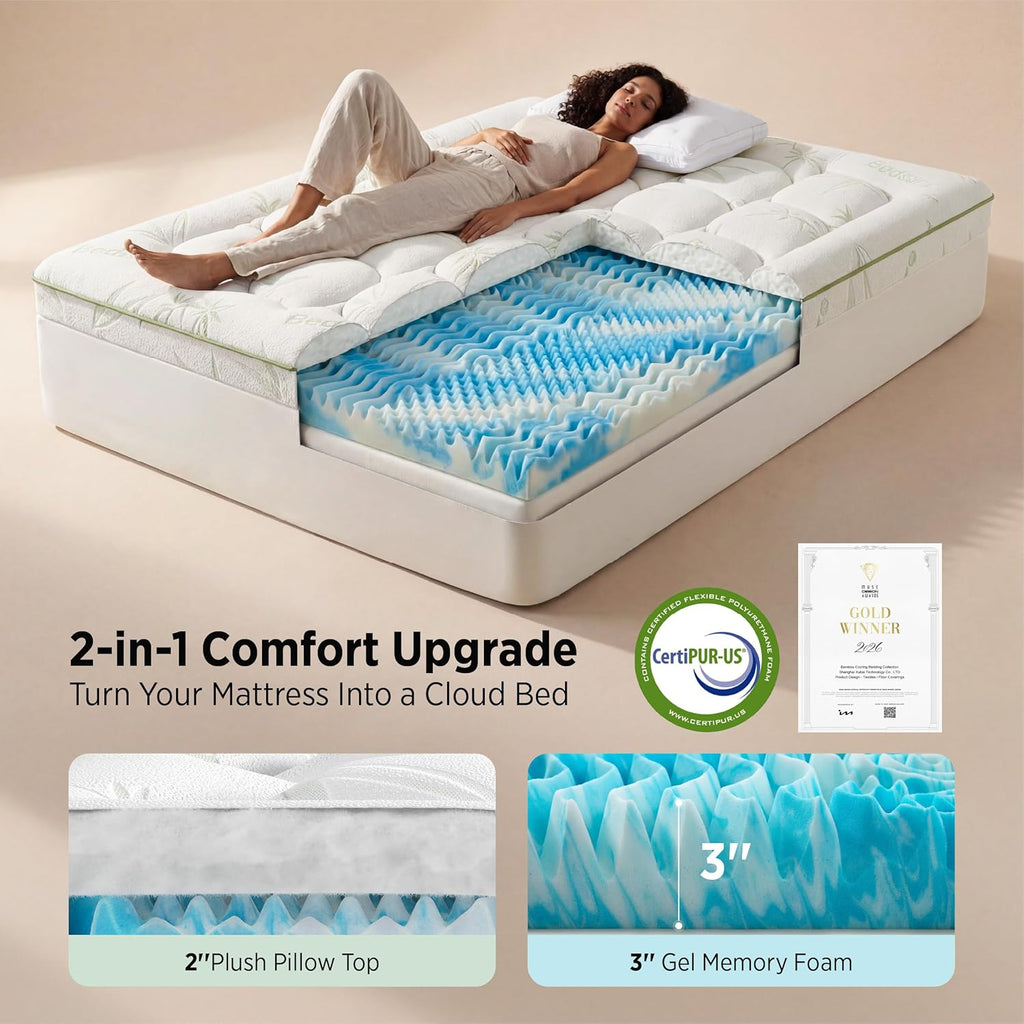 Bedsure 5 Inch Memory Foam Mattress Topper Queen, 2-in-1 Dual Layer, 3 Inch Memory Foam + 2 Inch Viscose Made from Bamboo Mattress Topper Pad Cover, Flippable Memory Foam with Dual Comfort, White