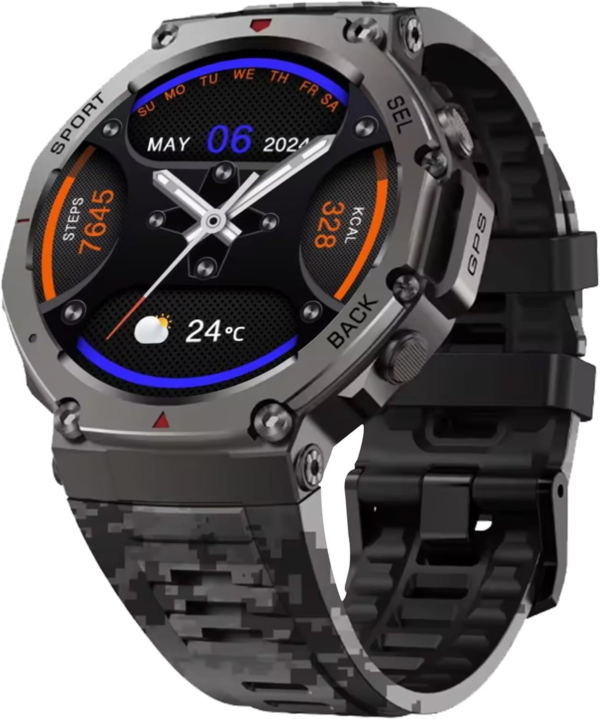 Outdoor GPS Smartwatch, 1.43" AMOLED Display, Titanium Alloy, 5ATM Waterproof, 22-Day Battery, 170+ Sport Modes, Compass, Heart Rate/SpO2/Stress/Sleep Monitor, for Android iOS Men Women (Camo Gray)