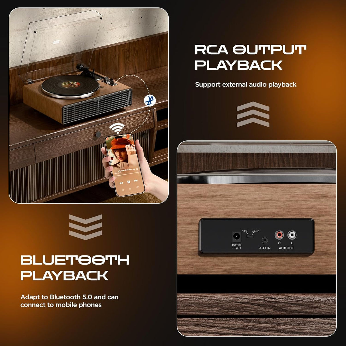 XJ-HOME Vinyl Record Player, All-in-one Record Player with Built-in Speakers, Bluetooth Turntable for High Fidelity Sound, RCA Out/AUX-in, 2 Speed, for Home Decor and Beginners