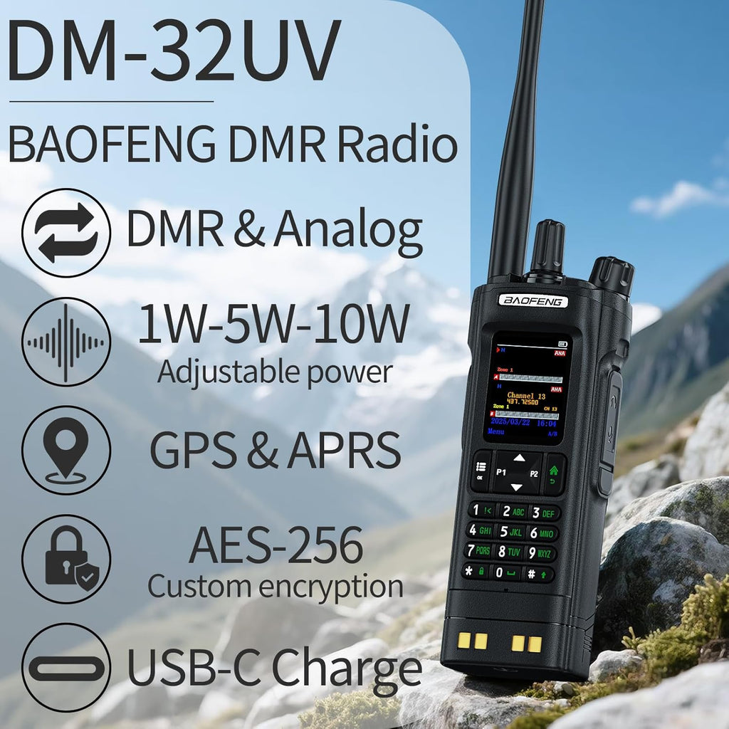 BAOFENG DM32 Dmr Radio,DM-32 Handheld Radio with USB-C Charging, GPS, 10W Long Range DM32UV Walkie Talkie for Emergency Rescue & Outdoor Sports (1Pack Black+Dual Section Antenna+Radio Holster)