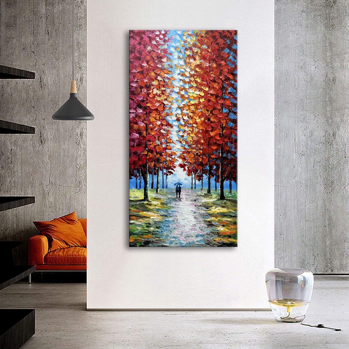 Alenoss Hand Painted 3D Abstract Oil Paintings on Canvas 24x48 Inches Large Modern Forest Landscape Vertical Red Canvas Wall Art Framed Artwork for Living room Bedroom Tree Art Decor