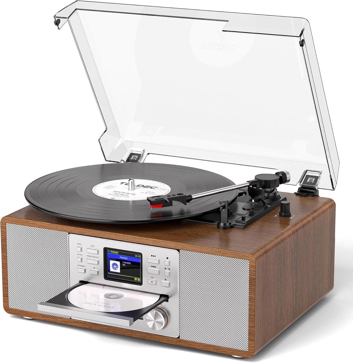 10-in-1 Retro Bluetooth Record Player with Built-in Stereo Speakers | Wireless 3-Speed Turntable for Vinyl, CD, MP3, USB/SD, Internet Radio | Headphone Jack & MP3 Recording | Vintage Multimedia Center