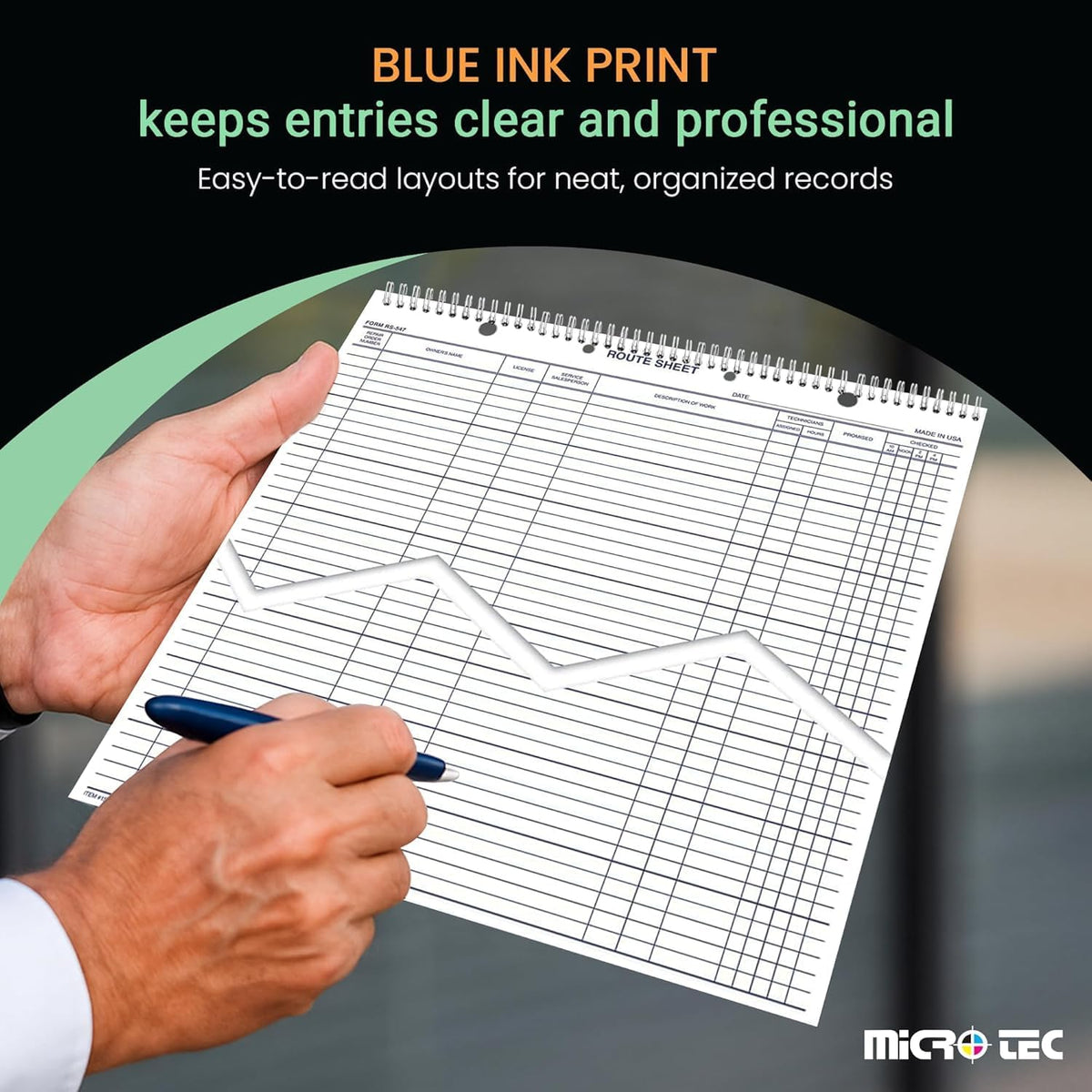 MICRO TEC Daily Service Route Sheets – 12" x 15" Daily Schedule & Appointment Sheets – Spiral Bound Route Planner on 100# Tag Stock Paper – Blue Ink Print – 100 Pages/Book (Book of 5)