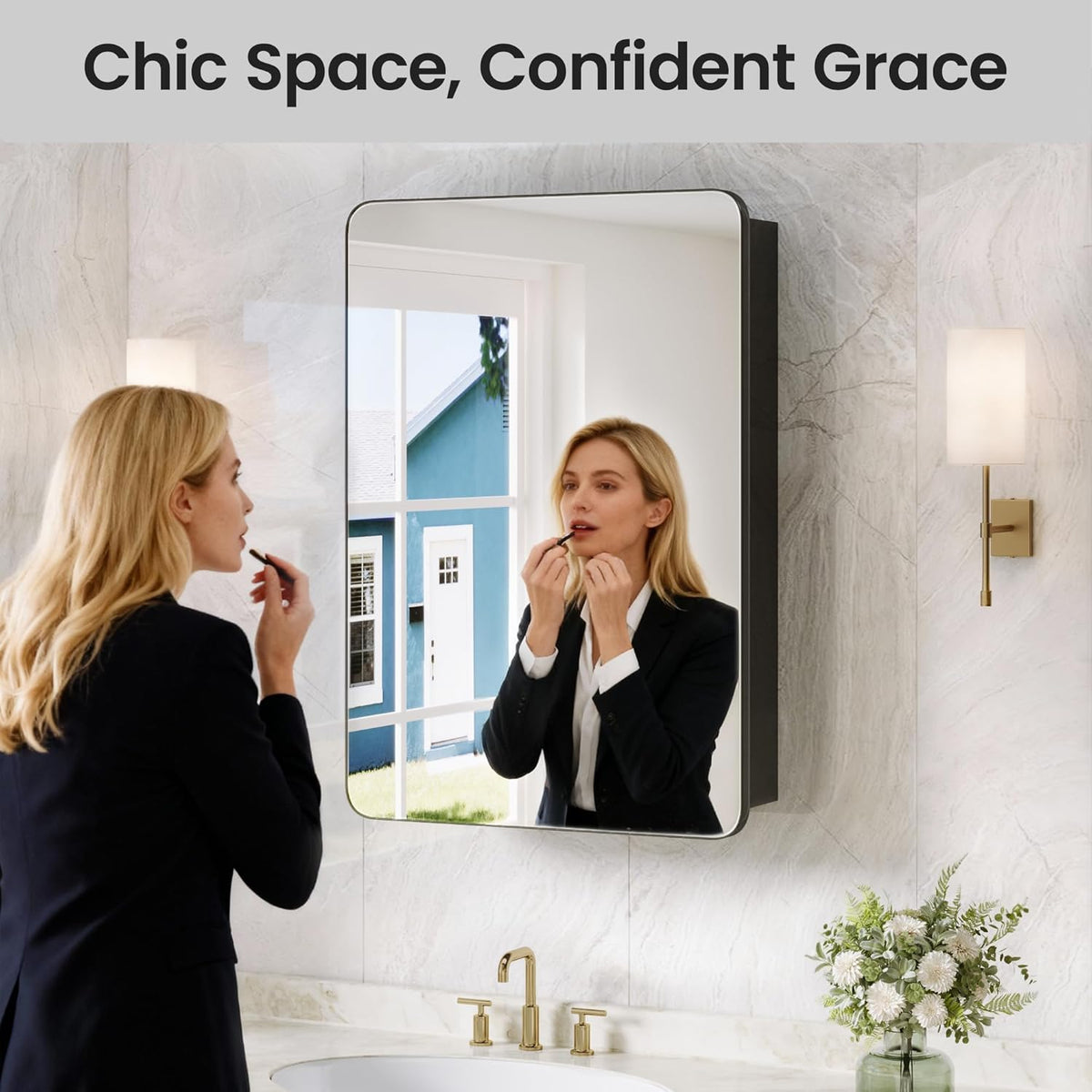 Bathroom Medicine Cabinet with Mirror, 20x30 Inch Recessed or Surface Mount Wall Organizer, Fits Tall Bottles, 6 Adjustable Glass Shelves, Soft Close DTC Hinges, Matte Black, Pre-Assembled