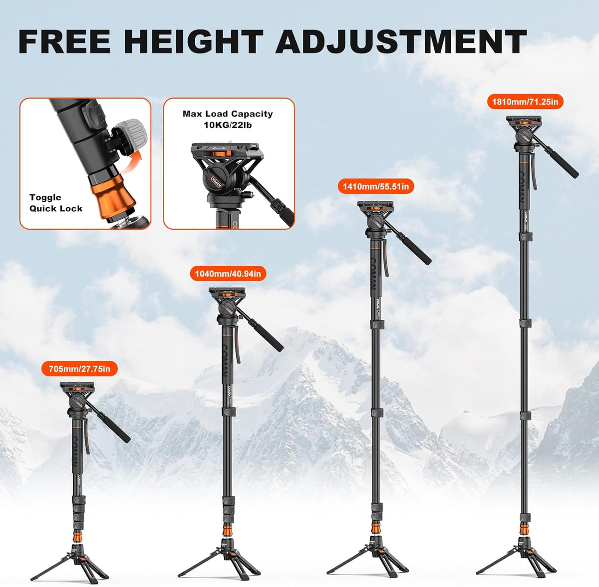 Professional Camera Monopod with Feet, 73.2 inch Aluminum Portable Travel Video Monopod with Removable Tripod Stand Base, Max Load 22 Lbs, New Q6 Fluid Head for DJI RS4 Manfrotto, KX3232Q6