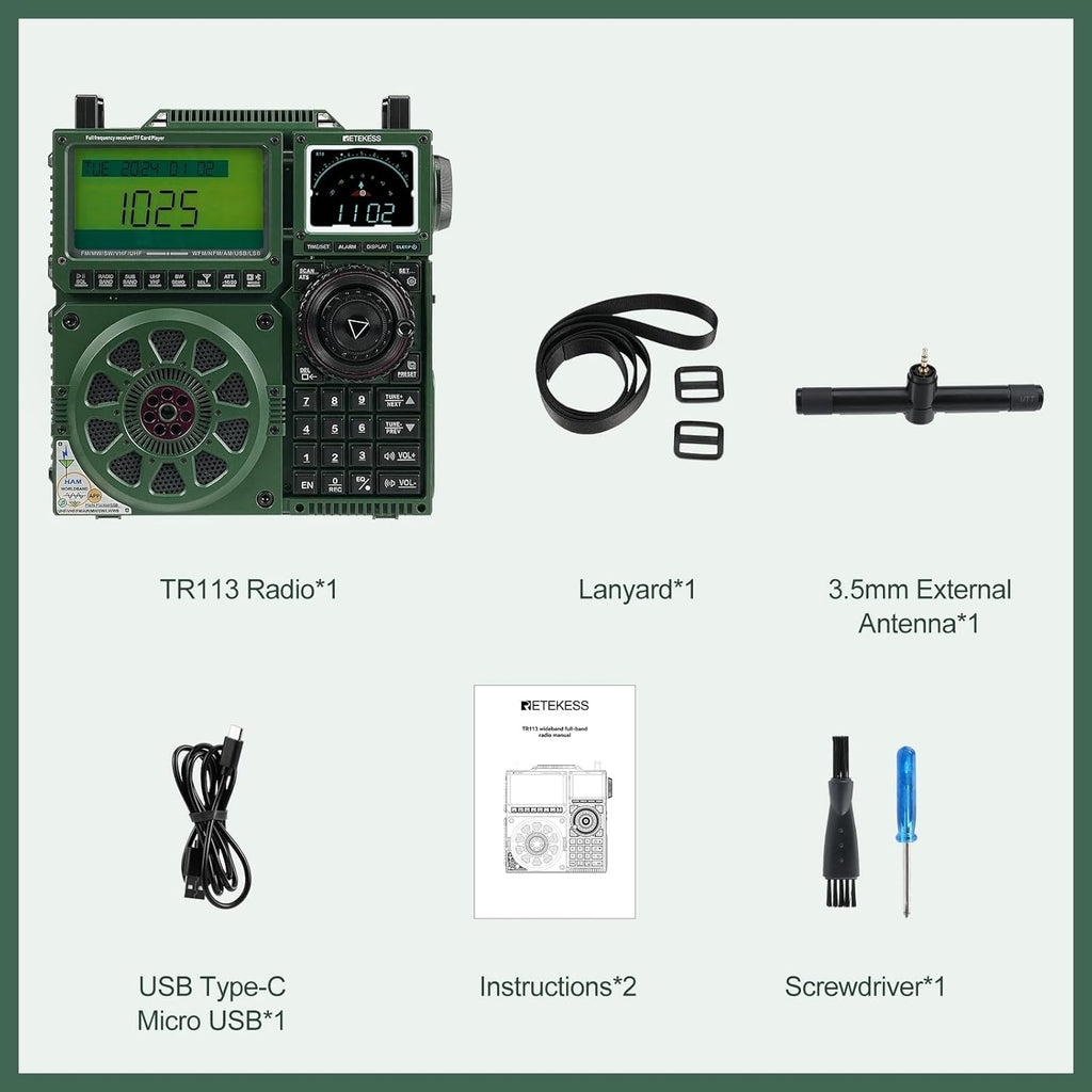 Retekess TR113 Shortwave Radio Receiver, AM FM LW WB VHF UHF AIR CB Full Band Radio with SSB Reception, 3 Antenna Ports and Extra Antenna, 1600 Presets, BT, SOS Alert, Rechargeable Battery