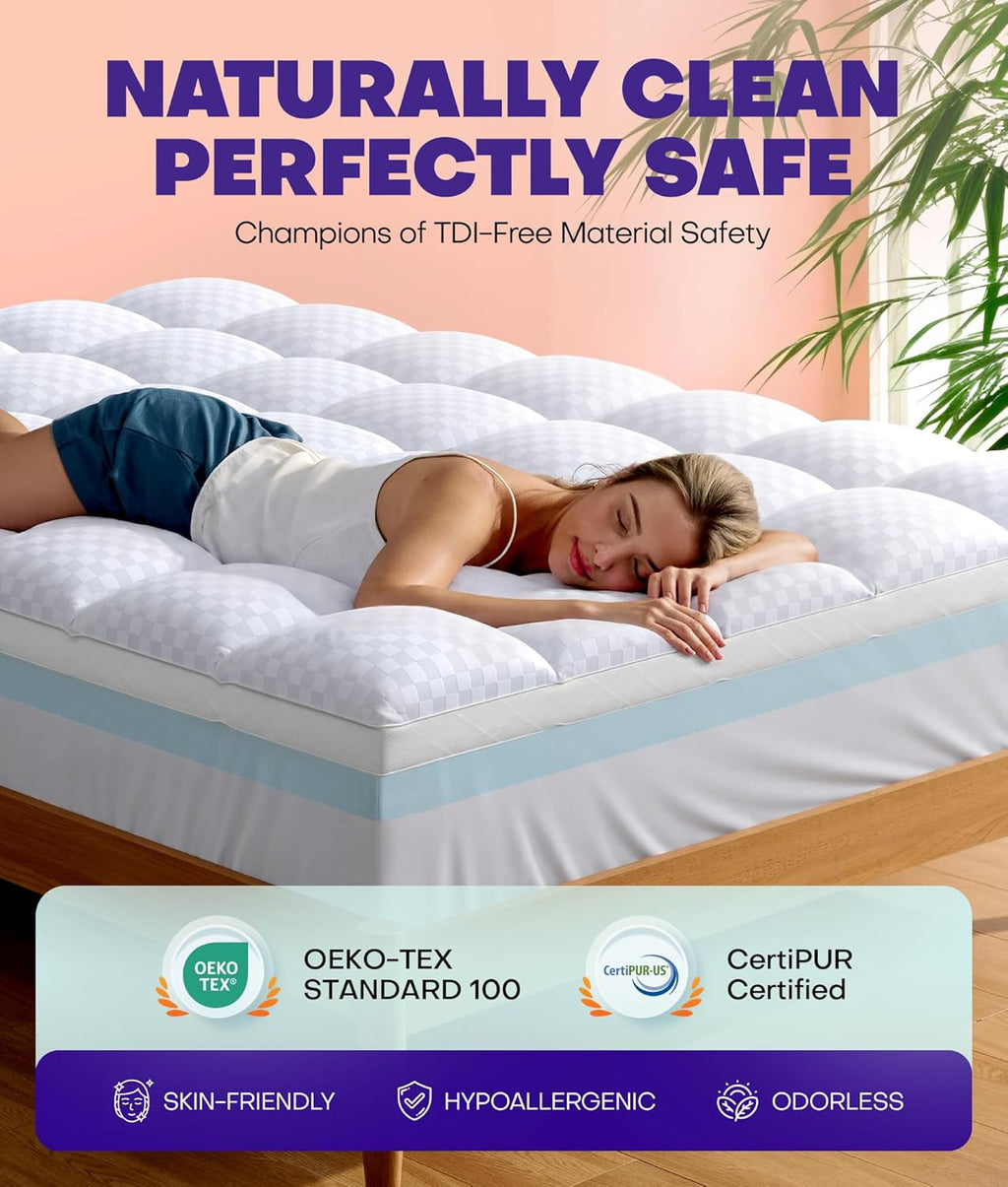 Dual Layer 4 Inch Memory Foam Mattress Topper for Pressure Relief with 4X Support, 2" Pillow Top Full Mattress Topper 50% Viscose Made from Bamboo Plus 2" Cooling Gel Memory Foam Mattress Pad