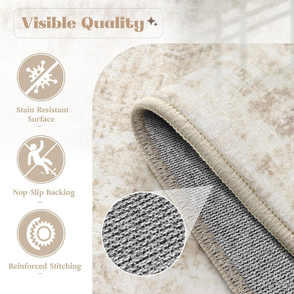 Area Rug 9x12 Washable Rug, Vintage Boho Medallion Rugs Non-Slip Soft Low Pile Large Distressed Rug Indoor Retro Carpet for Living Room Bedroom Dining Room Home Office (Beige, 9'x12')