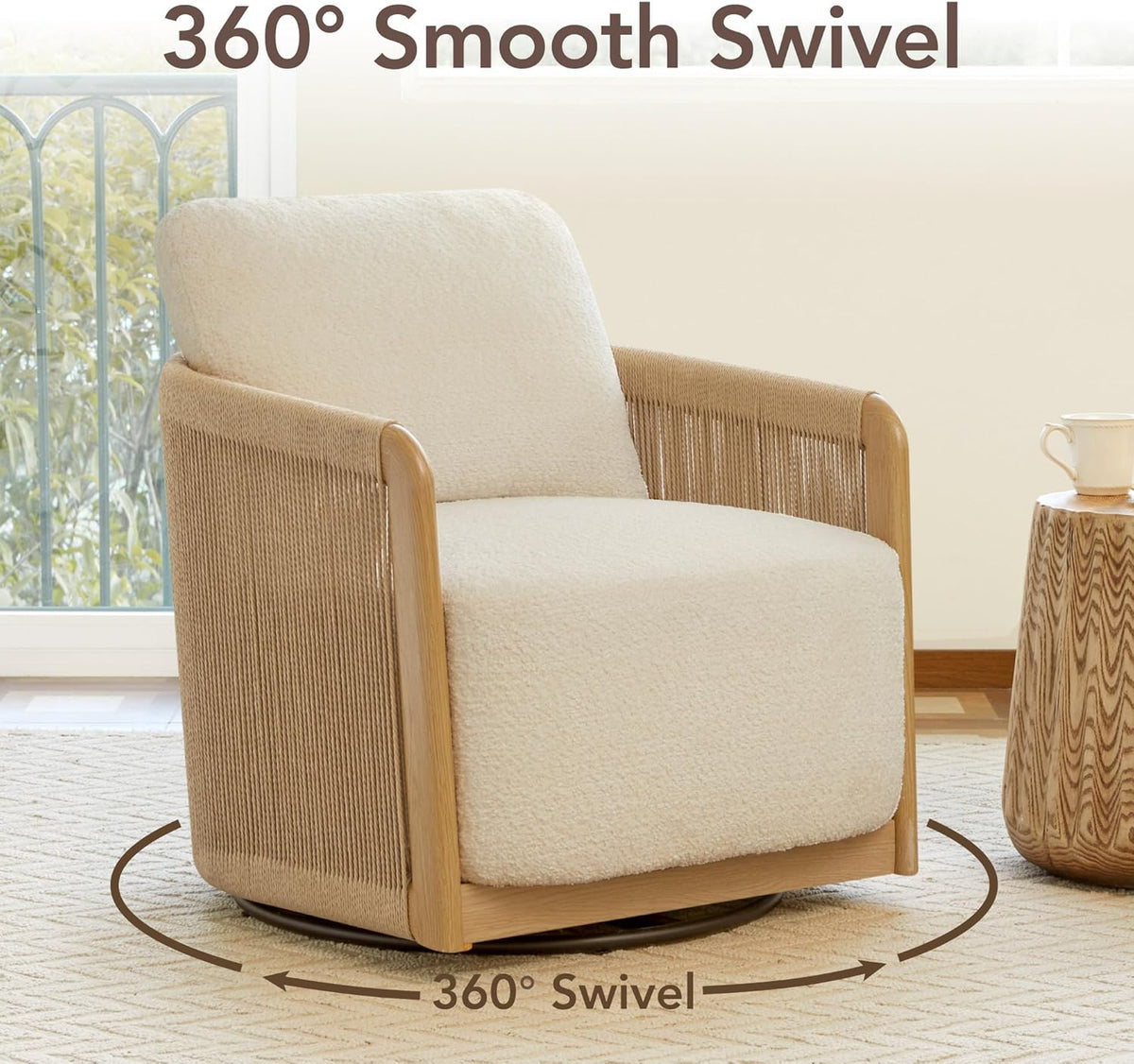 CHITA Braid Swivel Accent Chairs, Modern Comfy Armchair with Transfer-Printed Wood-Like Finish Metal Frame for Living Room and Bedroom, Boho Reading Chair, Cream