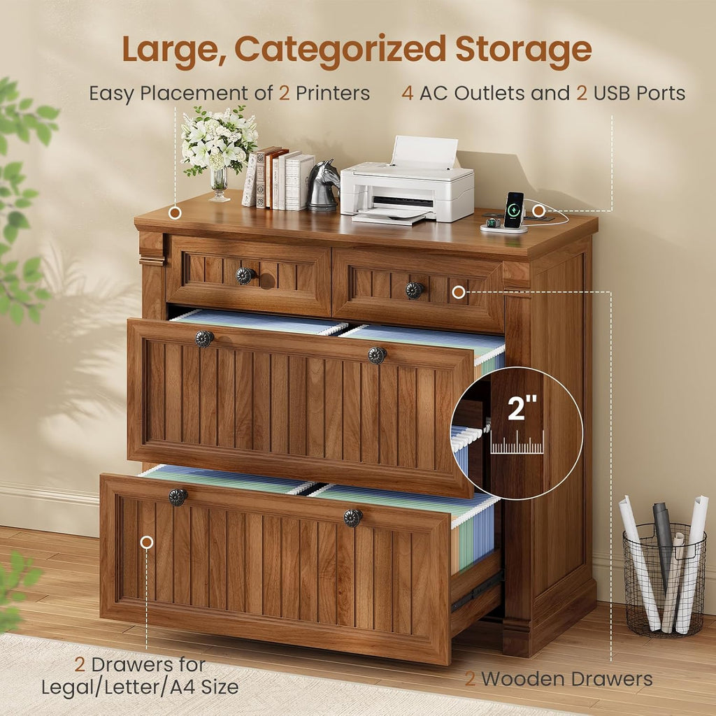 SEDETA 4 Drawers File Cabinet, 33" Farmhouse Filing Cabinets for Home Office fit Legal/Letter/A4 File, Wood Office File Cabinet with Power Outlets, Printer Stand with Storage, Brown