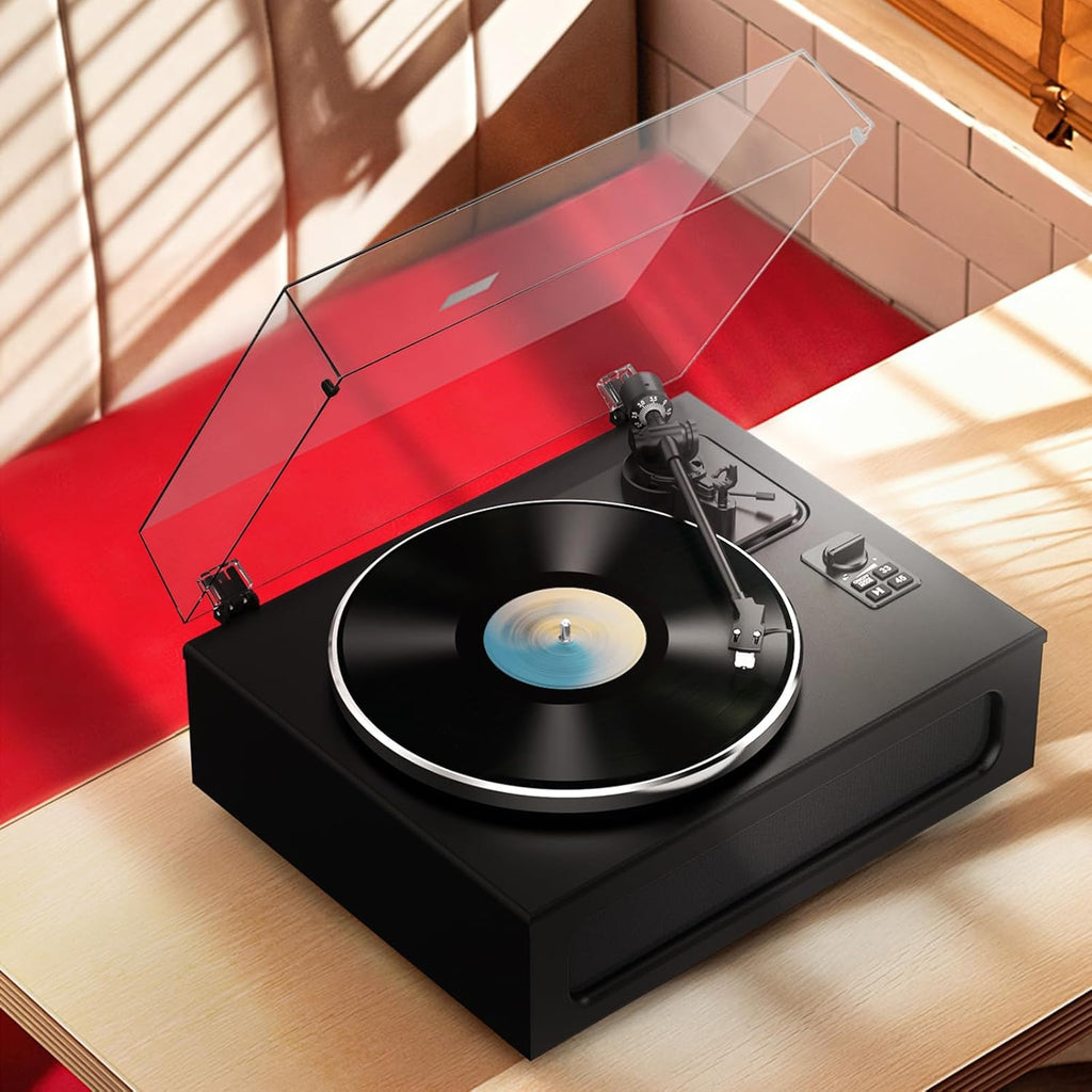 Record Player All-in-One Classic Turntable for Vinyls Records Built-in 4 Stereo Speakers High Fidelity Audio AT-3600L Phono Belt Drive Vinyl Players BT Wireless Pariing Aux-in RCA Auto Stop Pure Black