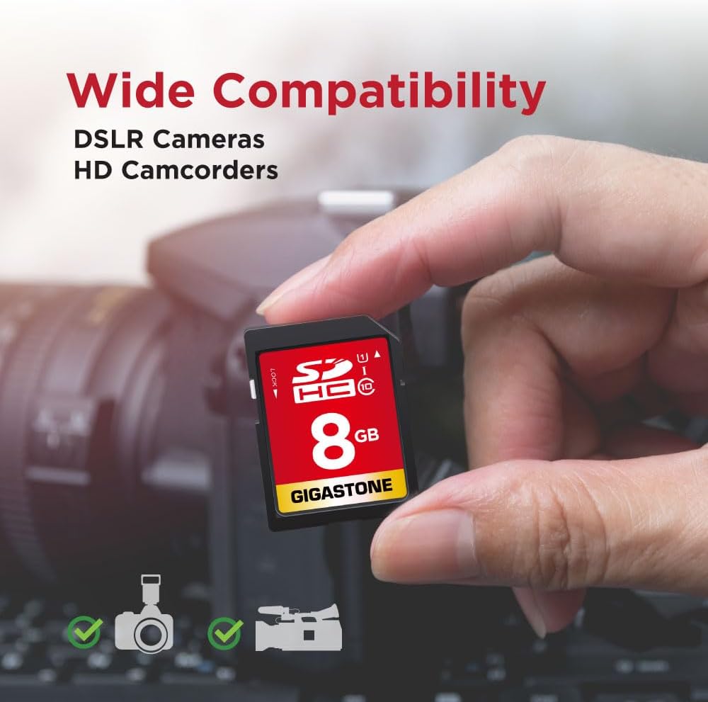 GIGASTONE 8GB SD Card 10-Pack UHS-I U1 Class 10 SDHC Memory Card Full HD Video Canon Kodak Olympus Digital Camera, with 10 mini Cases