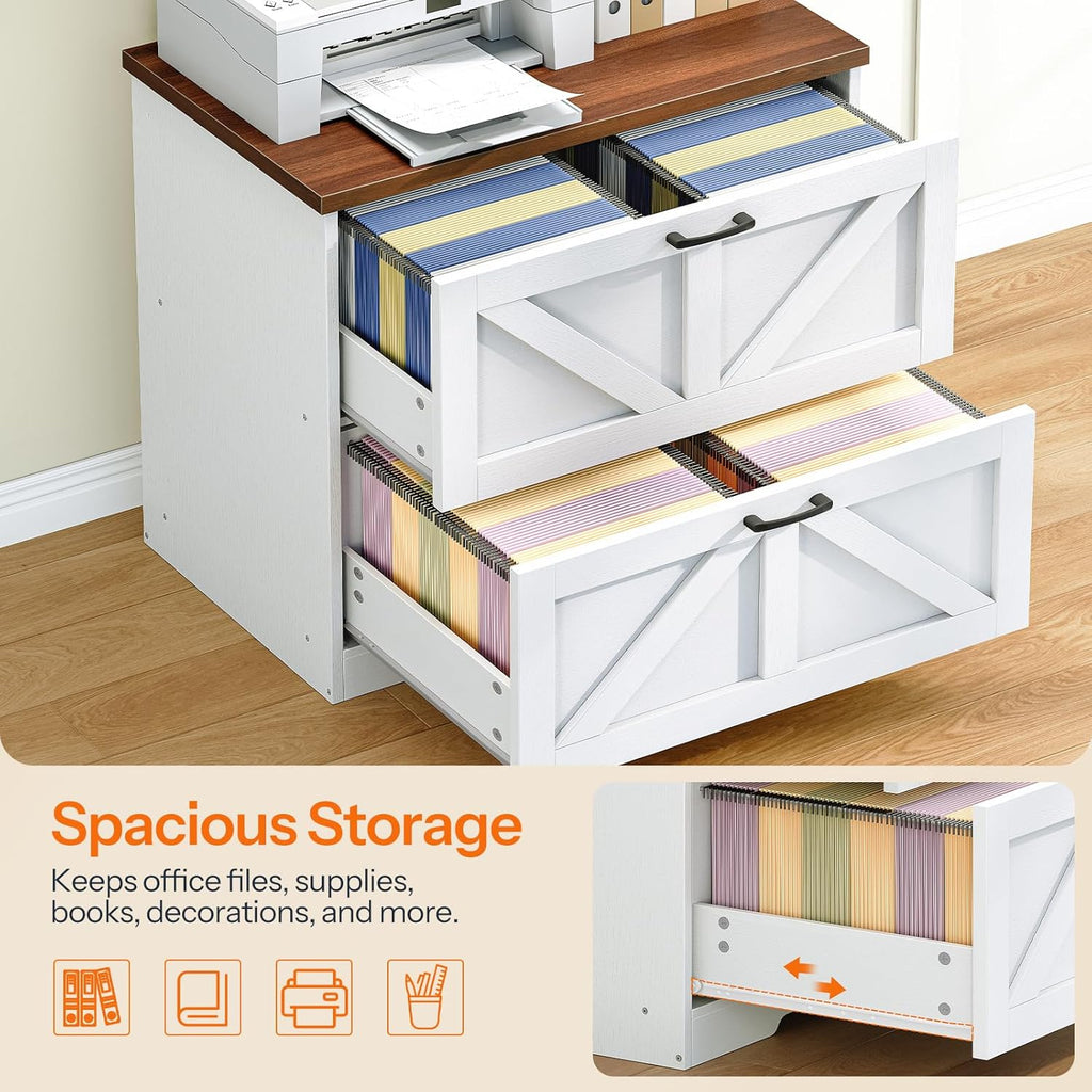 HOOBRO 2 Drawer File Cabinet, Farmhouse Lateral Filing Cabinet for Letter/A4/Legal Size, Large Wooden Office Storage Cabinet, Printer Stand for Home Office, White and Walnut WH48WJ01
