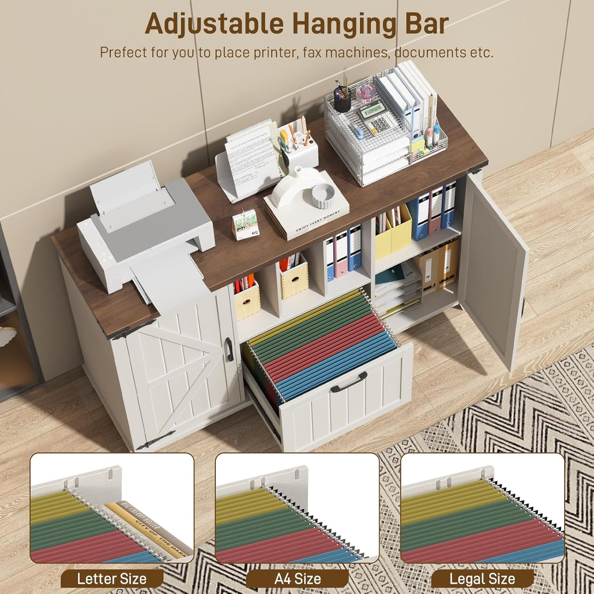 Lateral File Cabinet with File Drawer, Farmhouse Filing Cabinet with Storage Shelves for Legal/A4/Letter Size Hanging Files, Large Modern Printer Stand for Home Office (Rustic White and Brown)