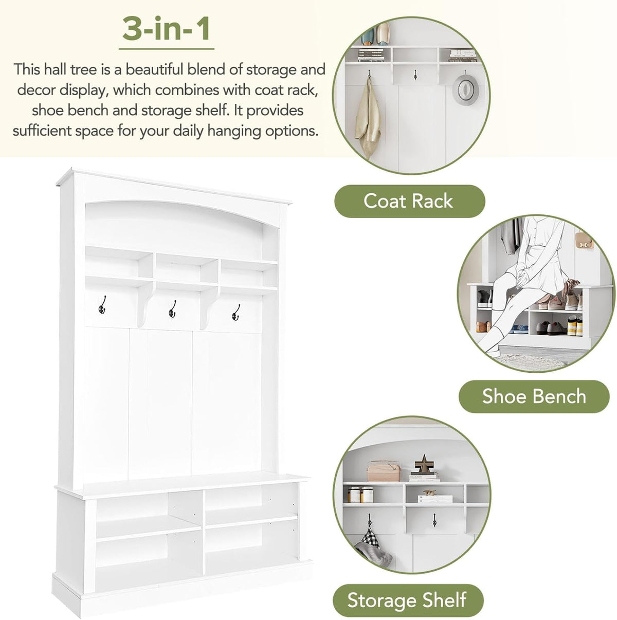 Hall Tree with Bench Shoe Storage Entryway Coat Rack 47.2'' Wide Multi-Functional 3 Hanging Hooks Open Space Rectangle Shelves Farmhouse Boho Furniture Organizer Hallway
