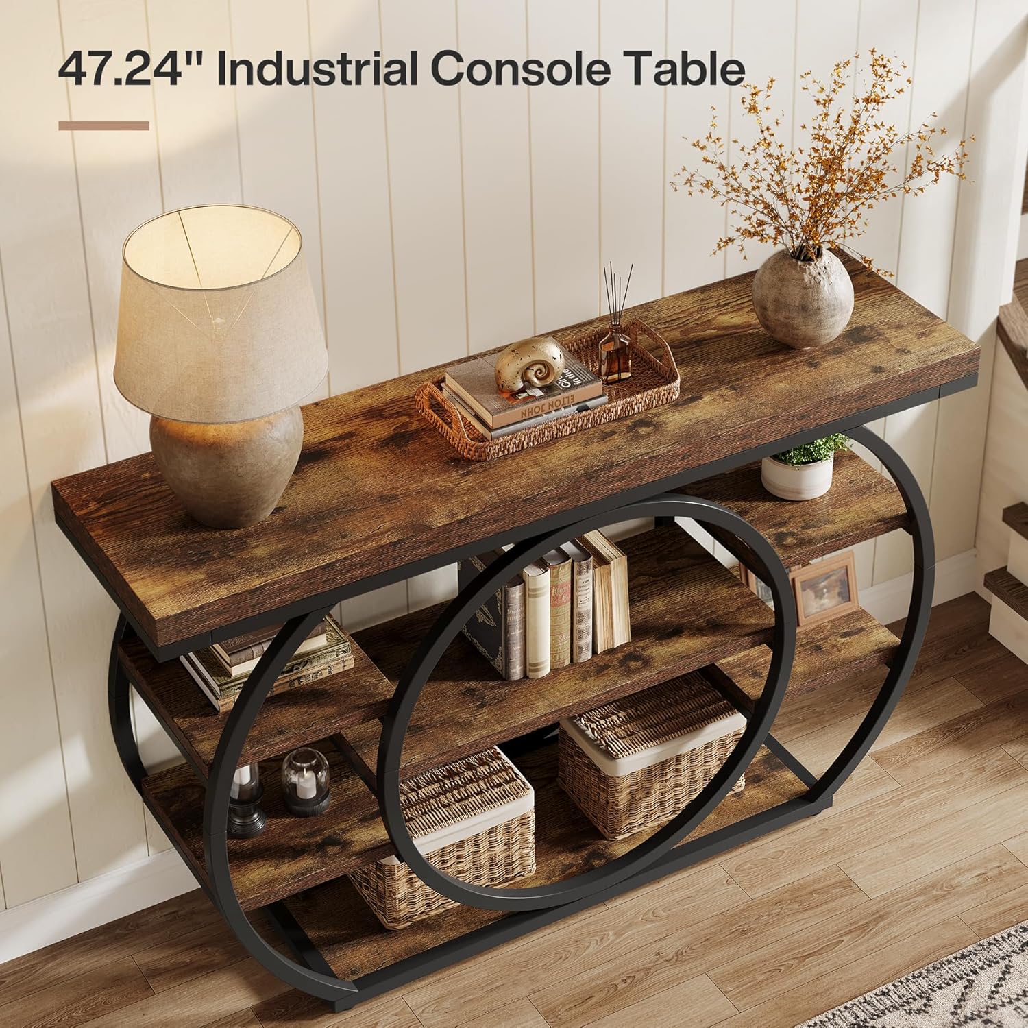 Tribesigns 47" Console Table for Living Room, 5-Tier Industrial Entryway Table with Metal Frame, Narrow Sofa Table Behind Couch Accent Tables for Entryway, Hallway, Foyer, Rustic Brown