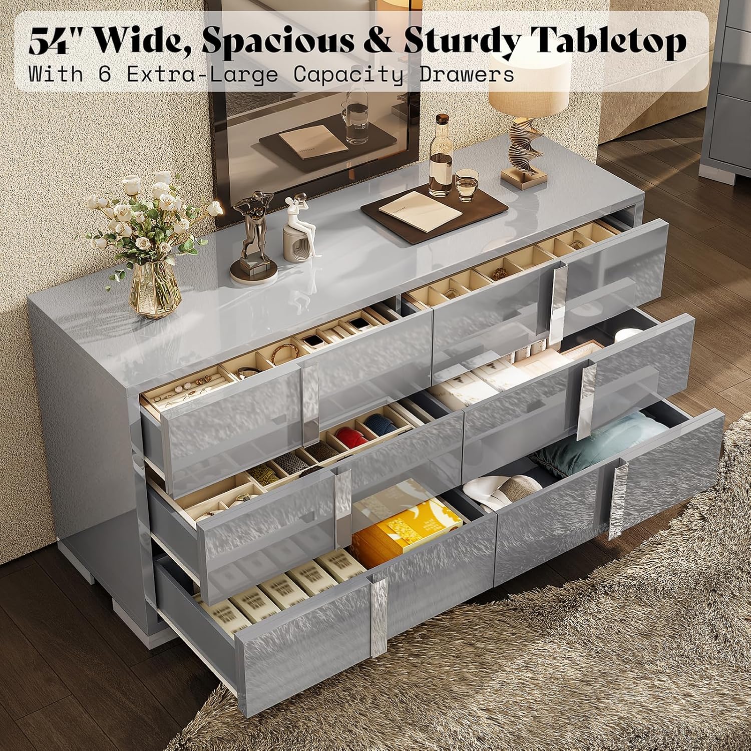 AMERLIFE 54" W High Gloss 6 Drawers Dressers with Silver Grooved Handles, Modern Storage Chest of Drawers with Wide Tabletop, for Bedroom/Dressing Room/Living Room, Grey