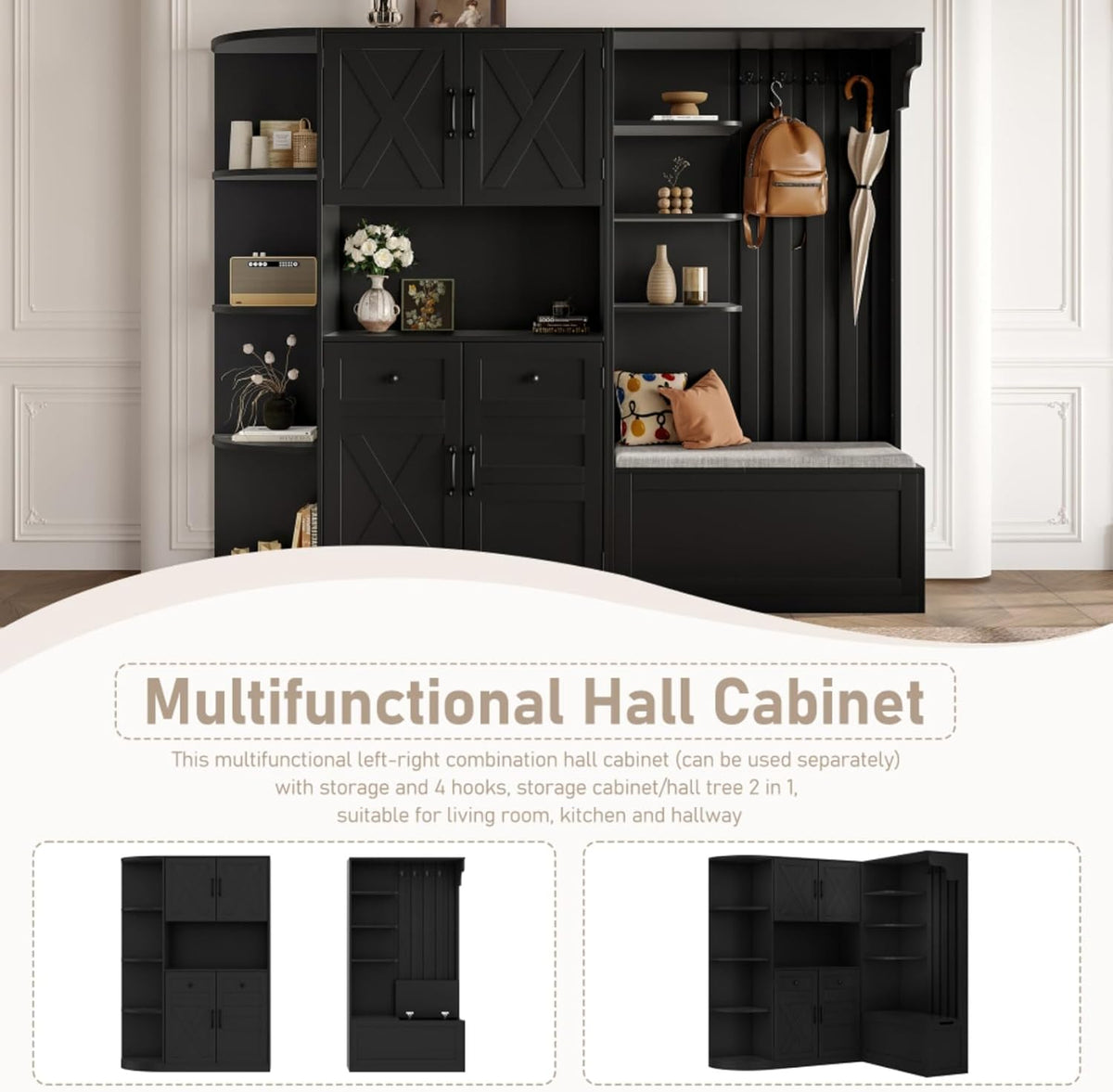 Multifunctional Left-Right Combination Hall Cabinet, Hall Tree with Storage and 4 Hooks, Storage Cabinet for Living Room, Kitchen and Hallway, Black