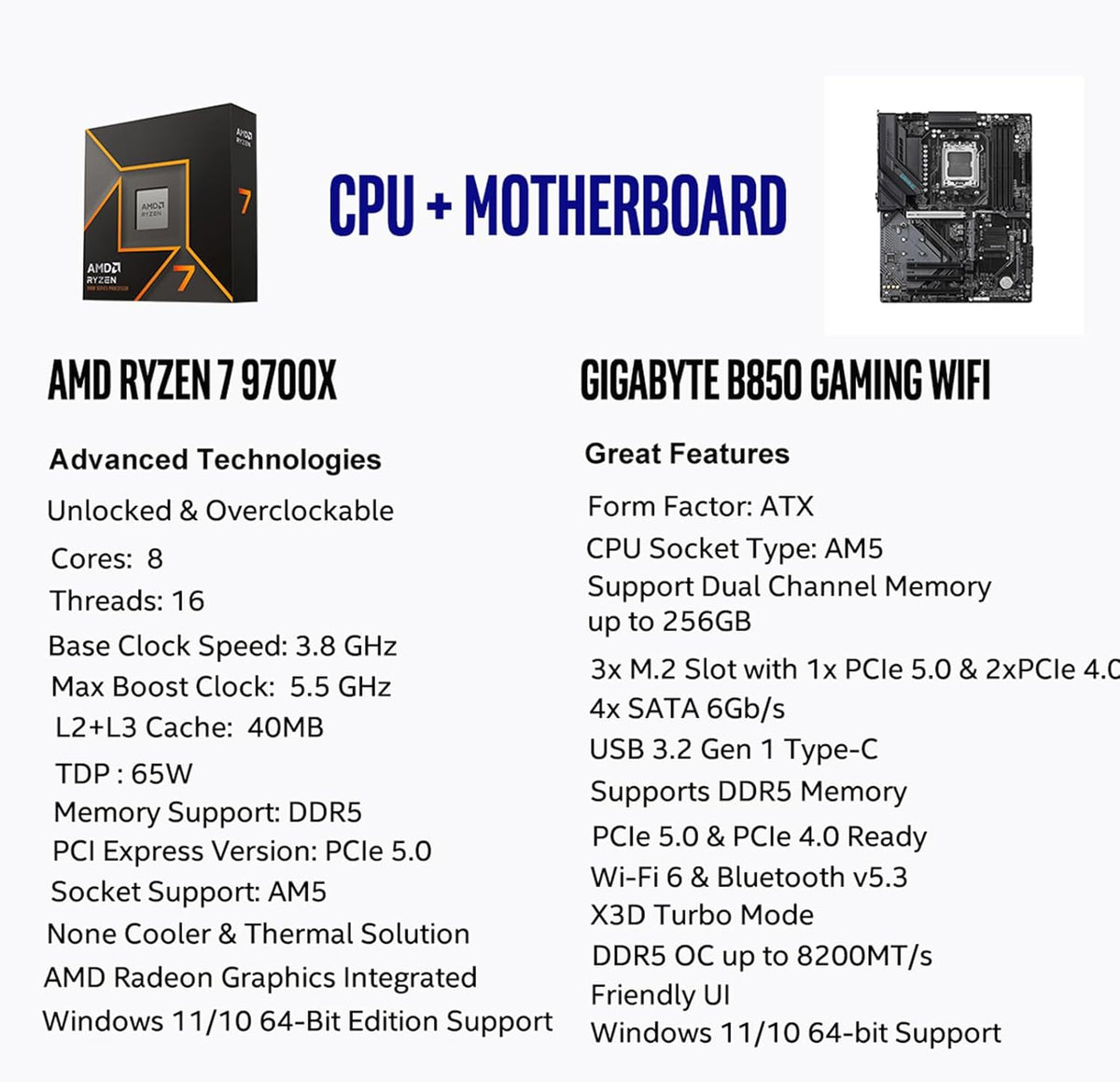 MICRO CENTER AMD Ryzen 7 9700X CPU Processor with GIGABYTE B850 Gaming WIFI6 Motherboard (ATX, DDR5, 3X M.2, PCIe 5.0, USB-C, WIFI6)