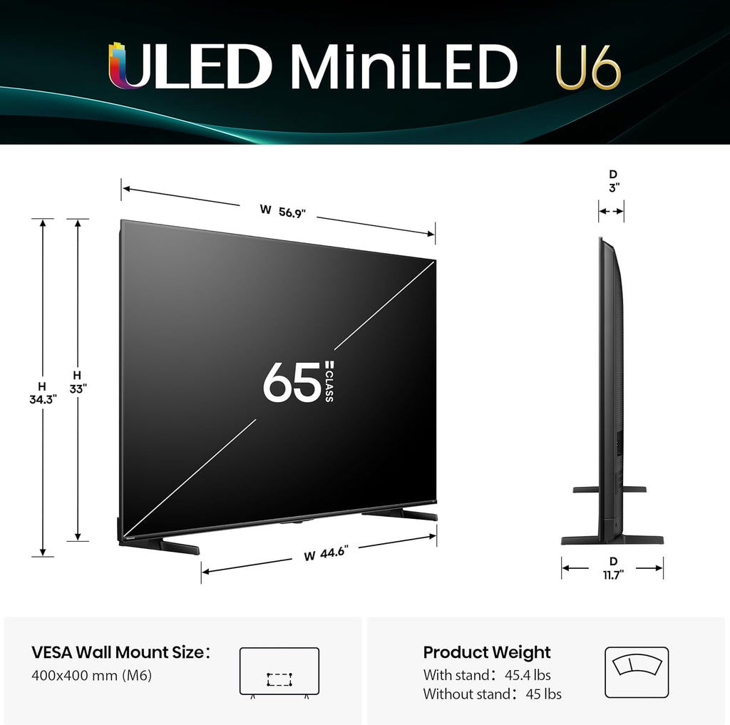 Hisense 65" Class U6 Series Mini-LED 4K UHD Smart Fire TV (65U65QF, 2025 Model) - QLED, Native 144Hz, HDR10+, Dolby Vision IQ, Dolby Atmos, Game Mode Pro, ALLM, Alexa Built in, Black