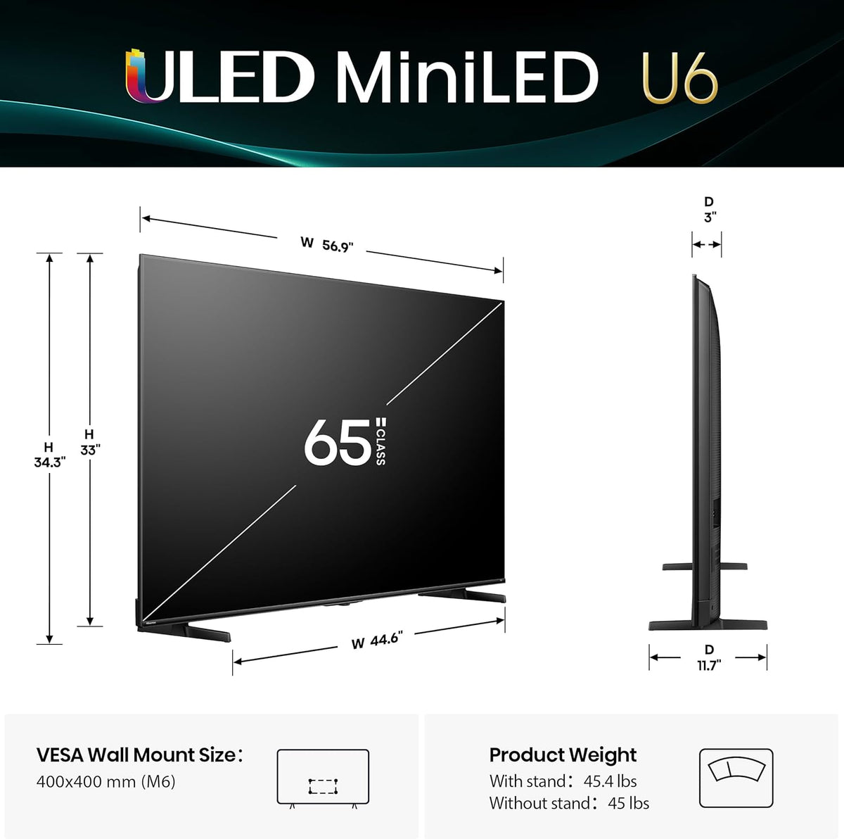 Hisense 65" Class U6 Series Mini-LED 4K UHD Smart Fire TV (65U65QF, 2025 Model) - QLED, Native 144Hz, HDR10+, Dolby Vision IQ, Dolby Atmos, Game Mode Pro, ALLM, Alexa Built in, Black