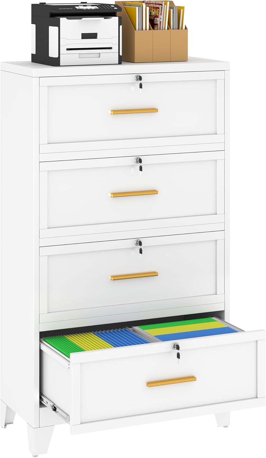 Metal Lateral File Cabinet with Lock,4 Drawer Steel Wide Filing Organization Storage Cabinets,Office Filing Cabinet for Legal/Letter/A4/F4 Size with Hanging Files&Key,Lockable Cabinets for Home Office