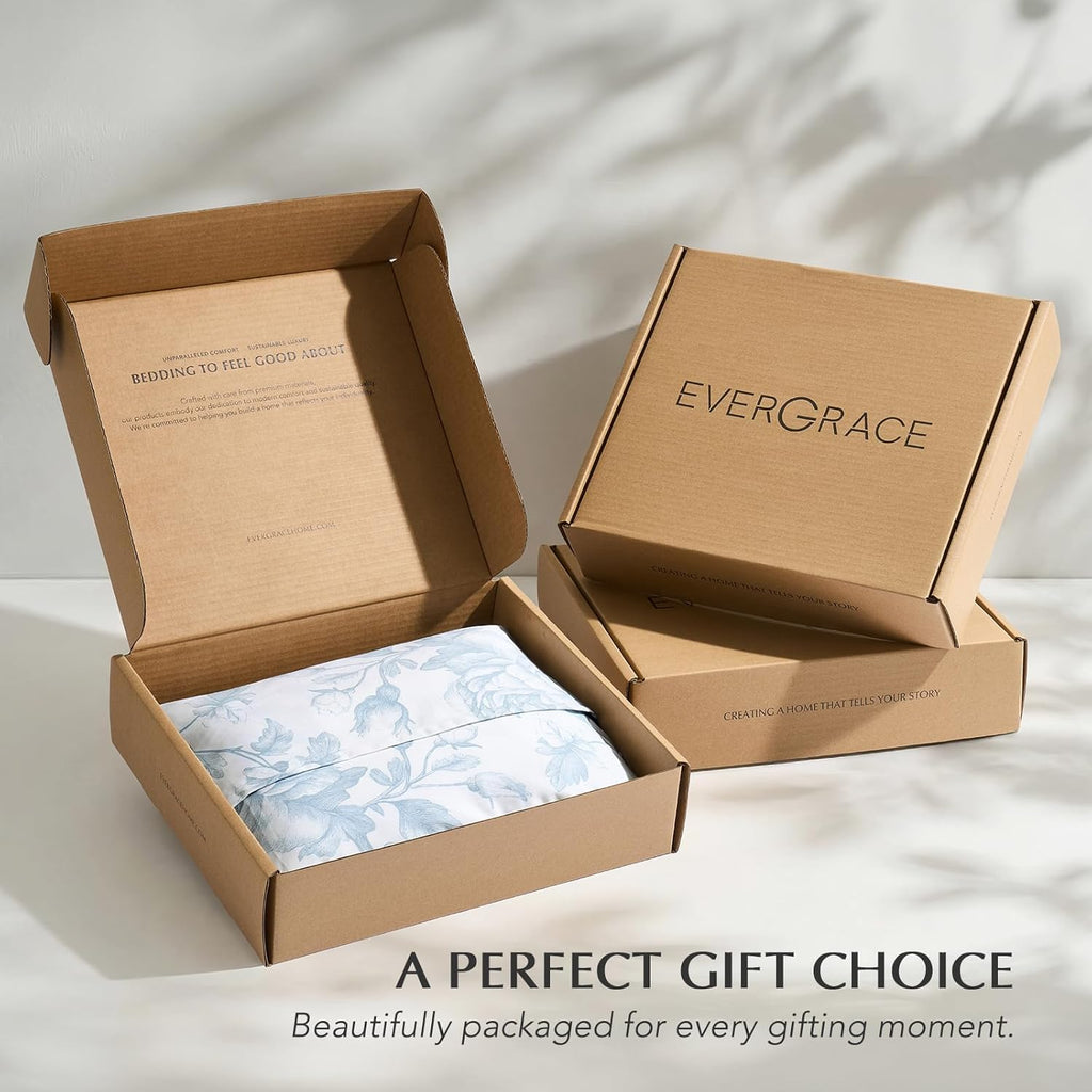 EverGrace 100% Cotton Sateen Duvet Cover Set Queen Size, 3 Piece Floral Toile Bedding Set, Pre-Washed Soft & Breathable, Button Closure with 2 Pillow Shams, Blue Linen, 90"x92"
