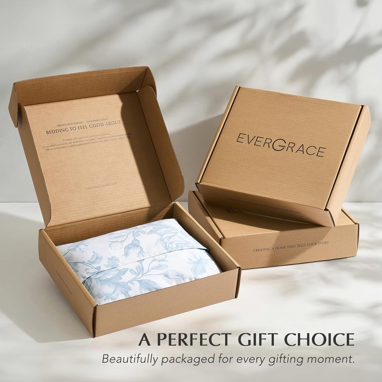 EverGrace 100% Cotton Sateen Duvet Cover Set Queen Size, 3 Piece Floral Toile Bedding Set, Pre-Washed Soft & Breathable, Button Closure with 2 Pillow Shams, Blue Linen, 90"x92"