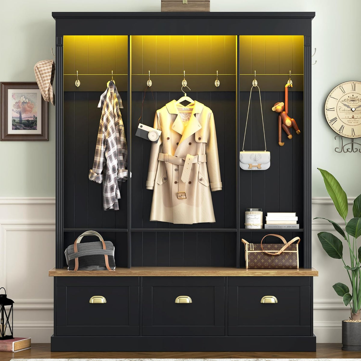 Elegant APP Controlled LED Light Hall Tree with 9 Golden Hooks, Roman Column Design Natural Storage Bench with 3 Large Cabinets, Farmhouse Entryway Organizer with Shelves for Mudroom, Hallway, Black