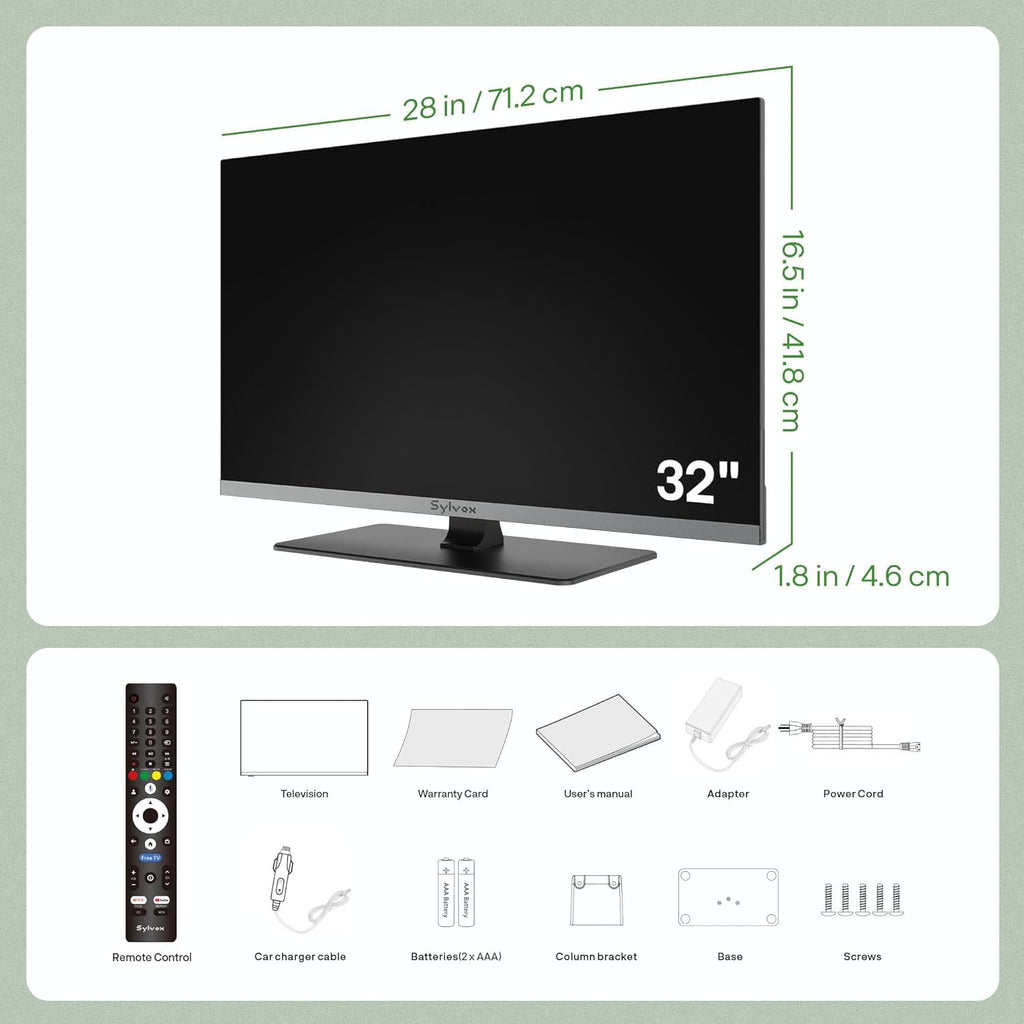 SYLVOX 32" 12V/24V Smart RV TV with Google TV & Built-in DVD Player, Frameless 1080P Full HD QLED Display, Shock-Resistant, Wide Voltage Support (9–32V), Voice Control Remote (Limo QLED Series)