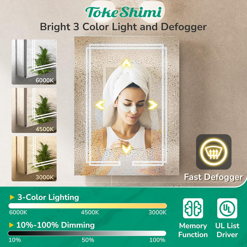 TokeShimi 48x32 Inch Lighted Medicine Cabinet, LED Medicine Cabinet with Lights, Wall-Mounted Bathroom Cabinet Mirror with 3 Color Temperature, Anti-Fog, CRI 80+, Memory Function, Tempered Glass