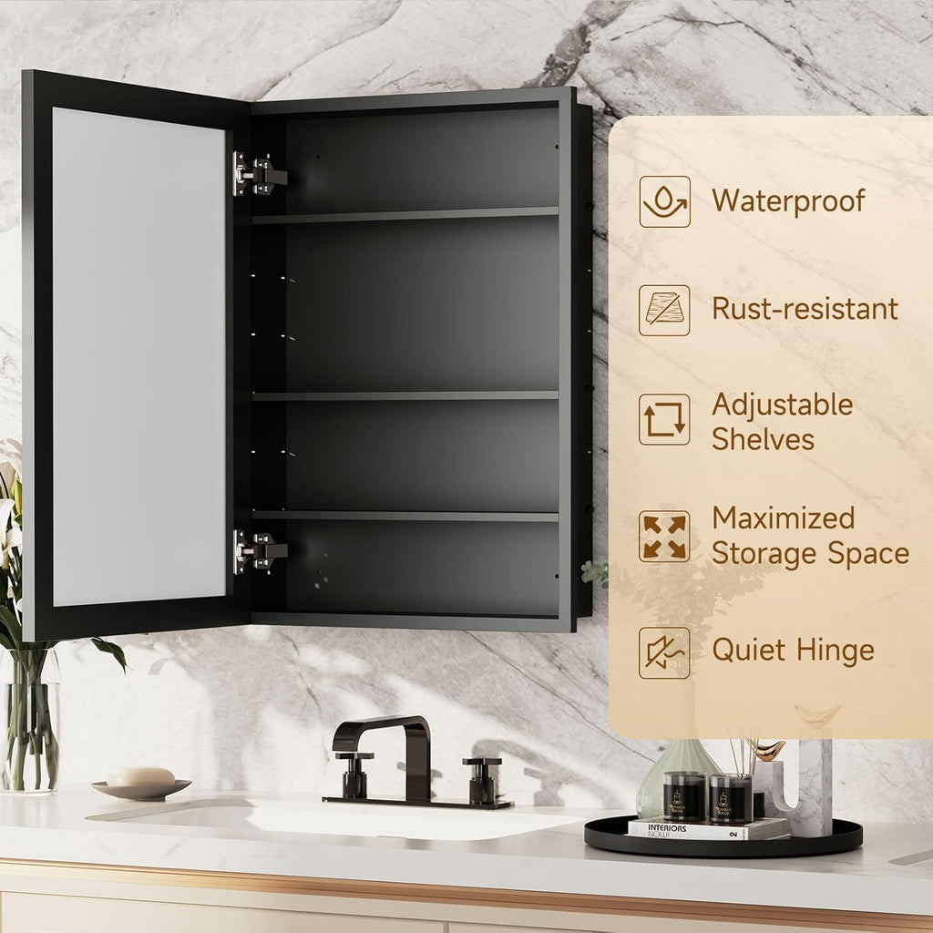 16 x 24 Inch Medicine Cabinet Recessed or Wall Mount Aluminum Bathroom Medicine Cabinet with Mirror and 3 Adjustable Shelves for Bedroom Entryway Dressing Room Apartment and Hotel Black