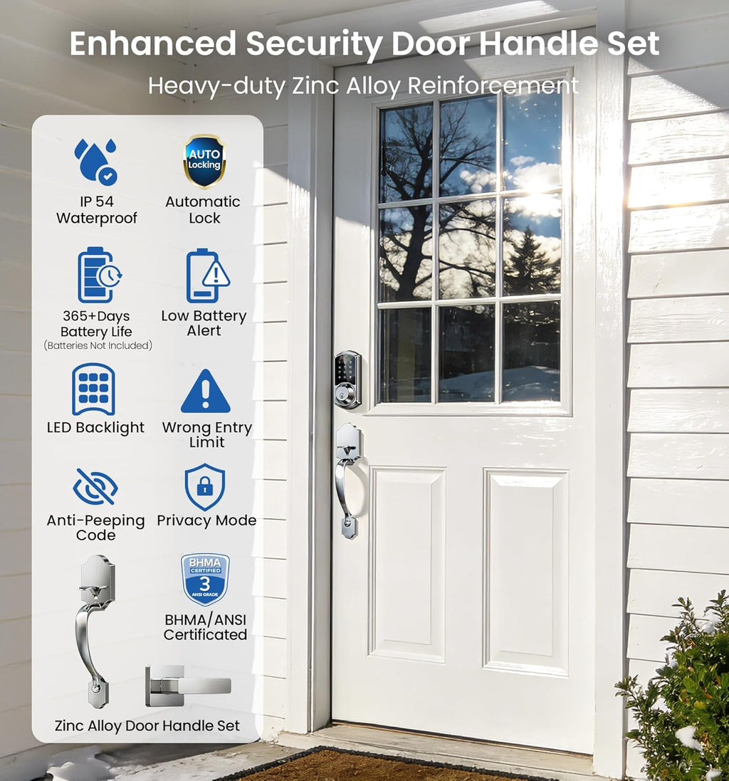 Veise VE07-H Fingerprint Smart Locks for Front Door with Handle Set, App Control, Keyless Entry Keypad Deadbolt, Digital Electronic Touchscreen, Easy Install, Auto Lock, Satin Nickel