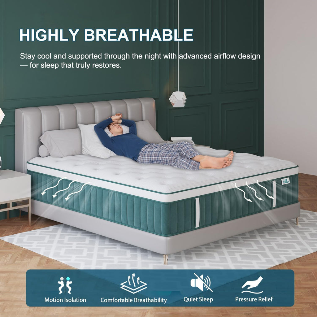 Queen Mattress, 14 Inch Hybrid Mattresses Green with Gel Memory Foam and Individually Pocket Innerspring Euro Top Medium Firm for Motion Isolation, Edge Support