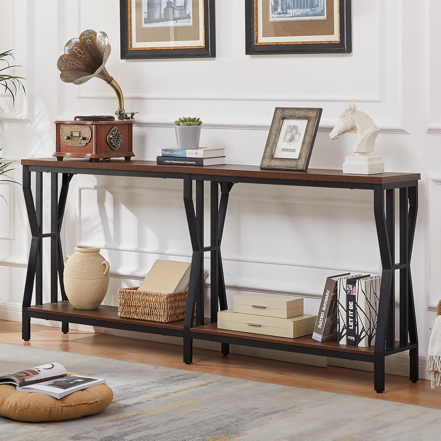 HOMISSUE Sofa Console Table, 70.9" Extra Long Sofa Table with 2-Tier Storage, Industrial Narrow Console Tables Behind Couch, Hallway Table for Entryway, Living Room, Rustic Brown