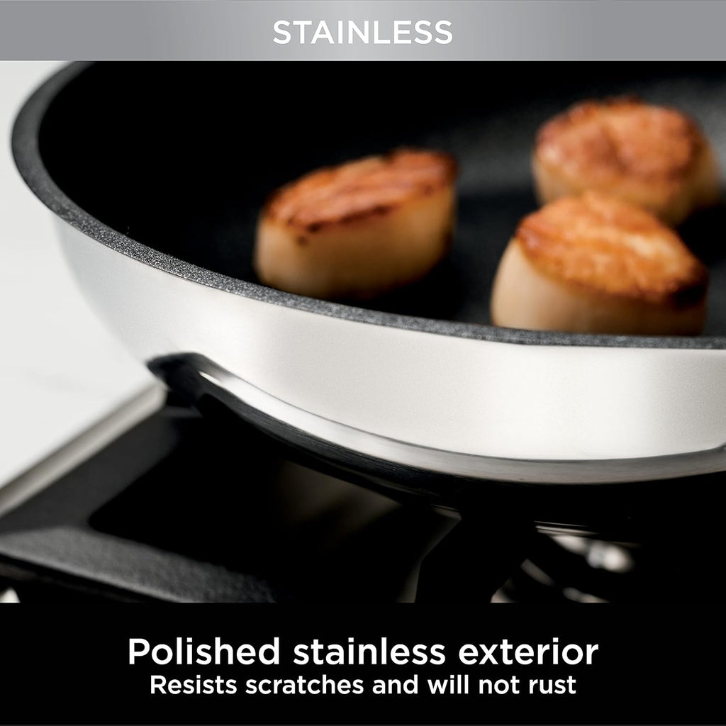 Ninja C69500 Foodi NeverStick Stainless 10-Piece Cookware Set with Glass Lids, Polished Stainless-Steel Exterior, Nonstick, Durable & Oven Safe to 500°F, Silver