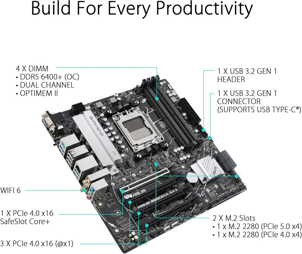 ASUS Prime B650M-A AX II AMD B650 AM5 Ryzen™ Desktop 9000 8000 & 7000 Micro-ATX mATX Motherboard, DDR5, PCIe 5.0 M.2, 2.5Gb LAN, Wi-Fi 6, DisplayPort, HDMI®, BIOS Flashback™ (Renewed)