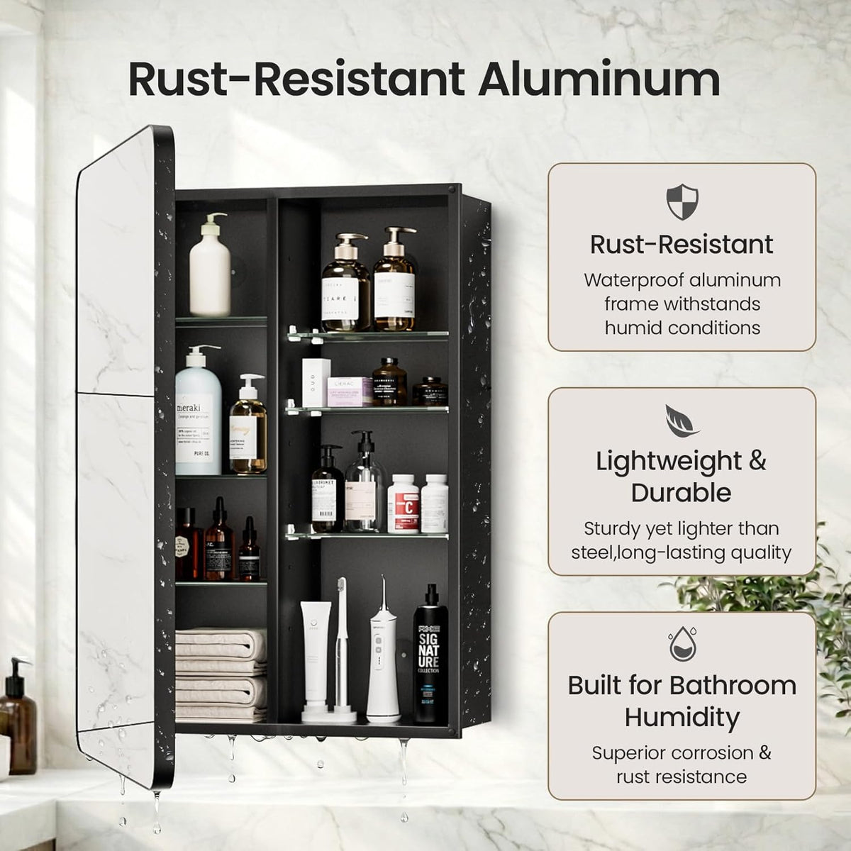 Bathroom Medicine Cabinet with Mirror, 20x30 Inch Recessed or Surface Mount Wall Organizer, Fits Tall Bottles, 6 Adjustable Glass Shelves, Soft Close DTC Hinges, Matte Black, Pre-Assembled