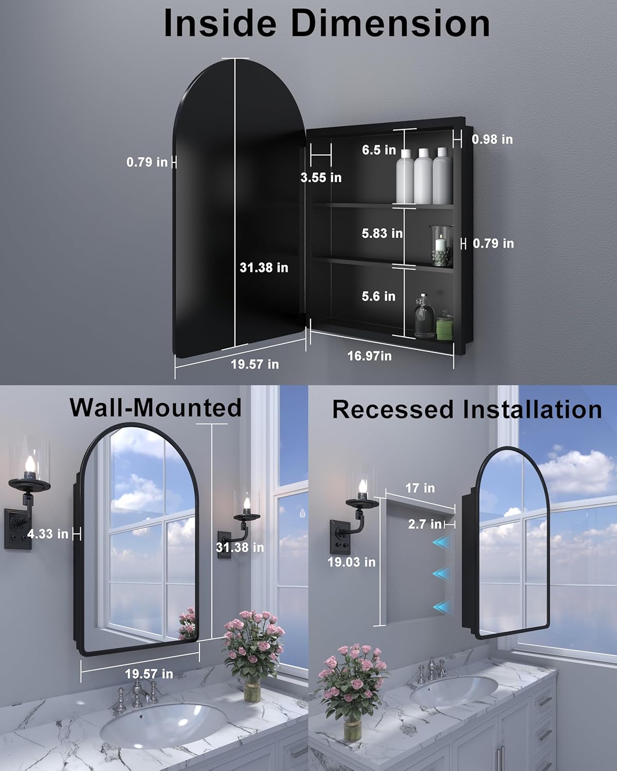 19.7"x31.5" Black Medicine Cabinet with Mirror, Arched Medicine Cabinet with Mirror for Bathroom Vanity Wall Mounted & Recessed with 1 Organizer, 2 Stable and Removable Shelves, Easy Installation