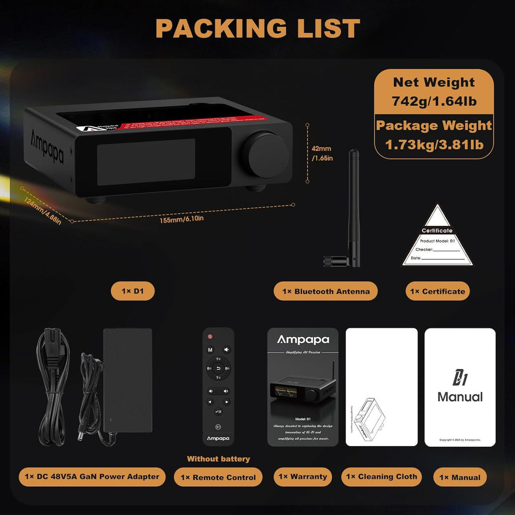 2 Channel Bluetooth Amp: HiFi 300W x2 Stereo Amplifier with BT 5.2 | HPF | Digital VU Meter | SUB Pre-Out | TRS Balanced Input | Tone Control & Remote for Home Theater Bookshelf Speakers (D1)