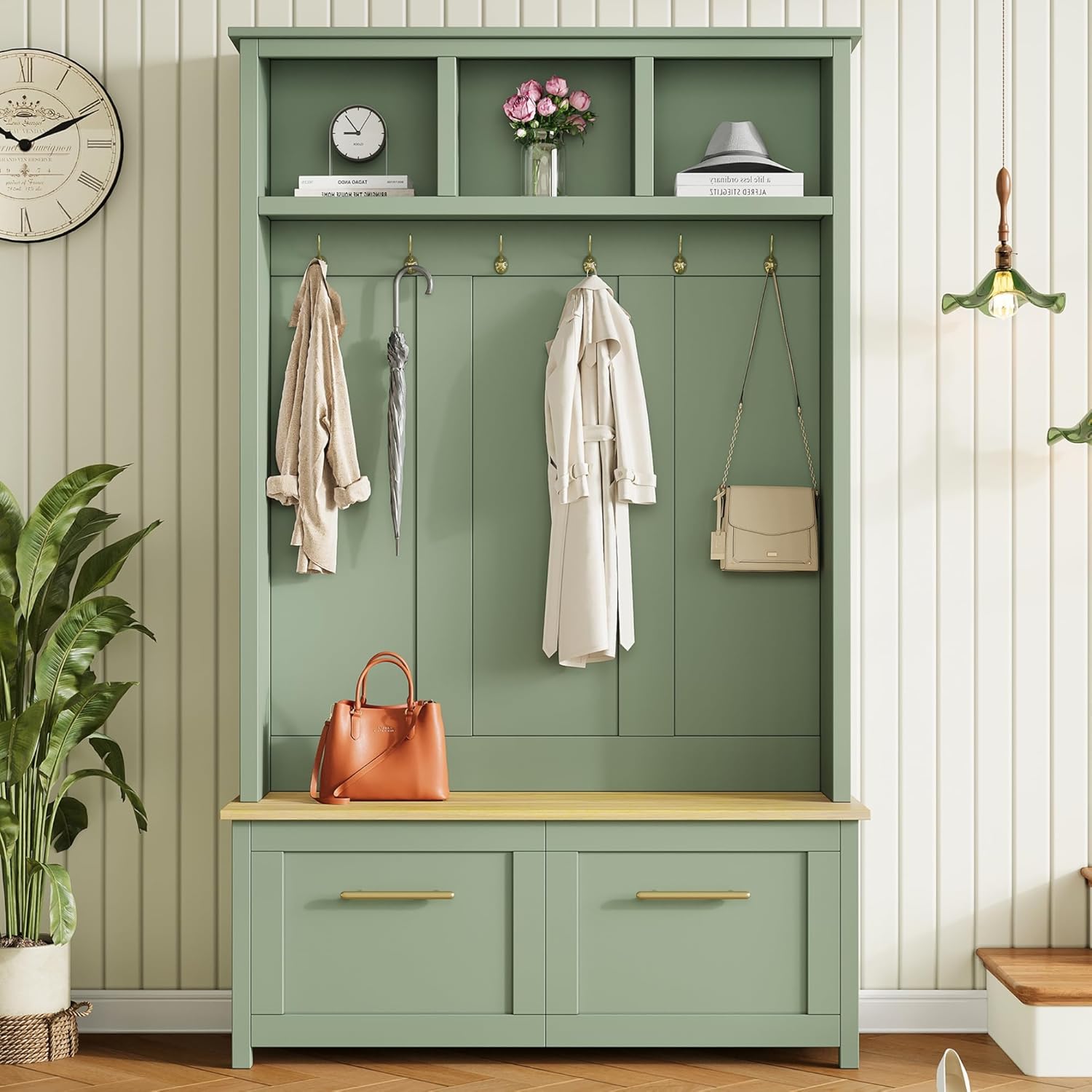 LUMISOL Mudroom Coat Rack with 2 Drawers, Entryway Hall Tree with Storage Bench, Mint Green