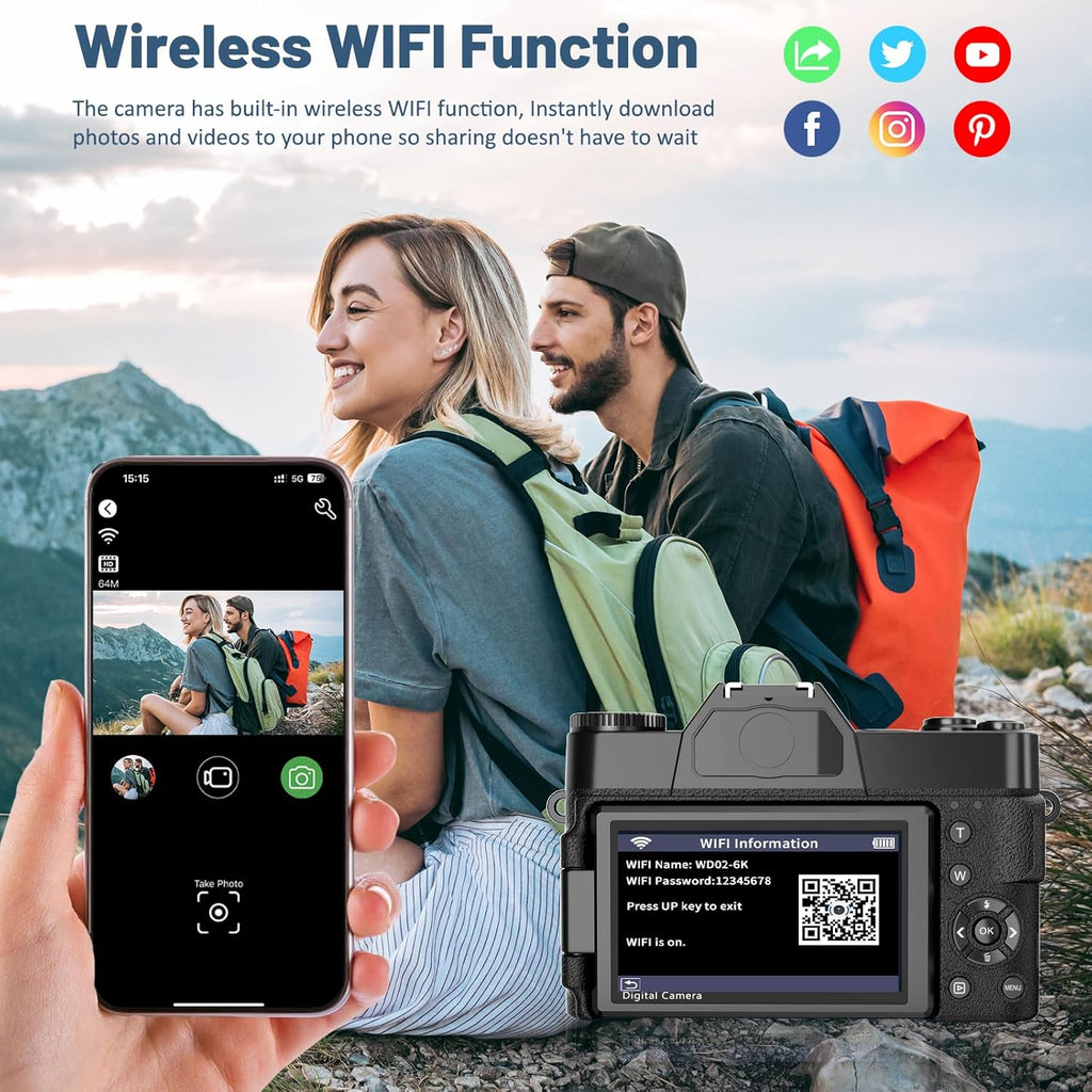 6K Digital Camera for Photography - WiFi 64MP Vlogging Cameras for YouTube with 3" 180° Flip Screen, 16X Digital Zoom Autofocus Vlog Travel Camara with 32GB SD Card, 2 Batteries and Double Charger