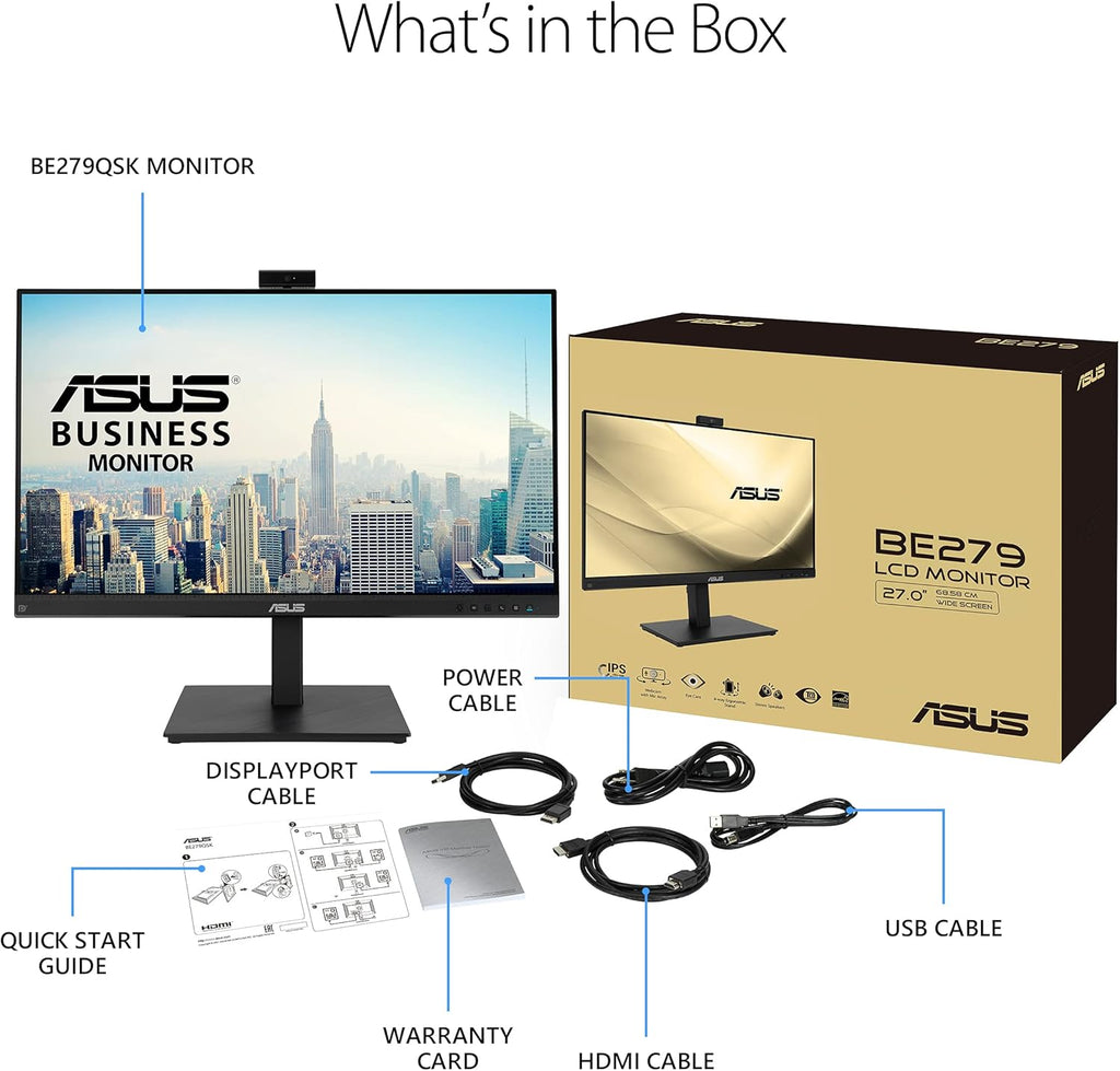 ASUS 27” 1080P Video Conference Monitor (BE279QSK) - Full HD, IPS, Built-in Adjustable 2MP Webcam, Mic Array, Speakers, Eye Care, Wall Mountable, Frameless, HDMI, DisplayPort, VGA, Height Adjustable