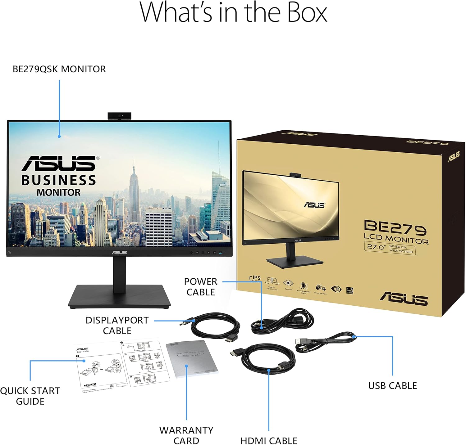 ASUS 27” 1080P Video Conference Monitor (BE279QSK) - Full HD, IPS, Built-in Adjustable 2MP Webcam, Mic Array, Speakers, Eye Care, Wall Mountable, Frameless, HDMI, DisplayPort, VGA, Height Adjustable