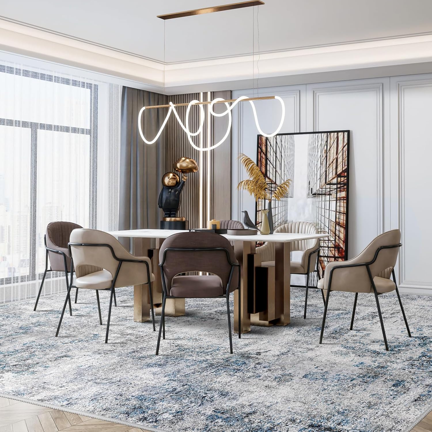 Abstract 10x14 Washable Rug: Modern Non Slip Area Rug Soft Carpet Foldable Distressed Stain Resistant Neutral Rugs for Living Room Bedroom Decor Large Indoor Farmhouse Rug 10'x14' Blue Gray