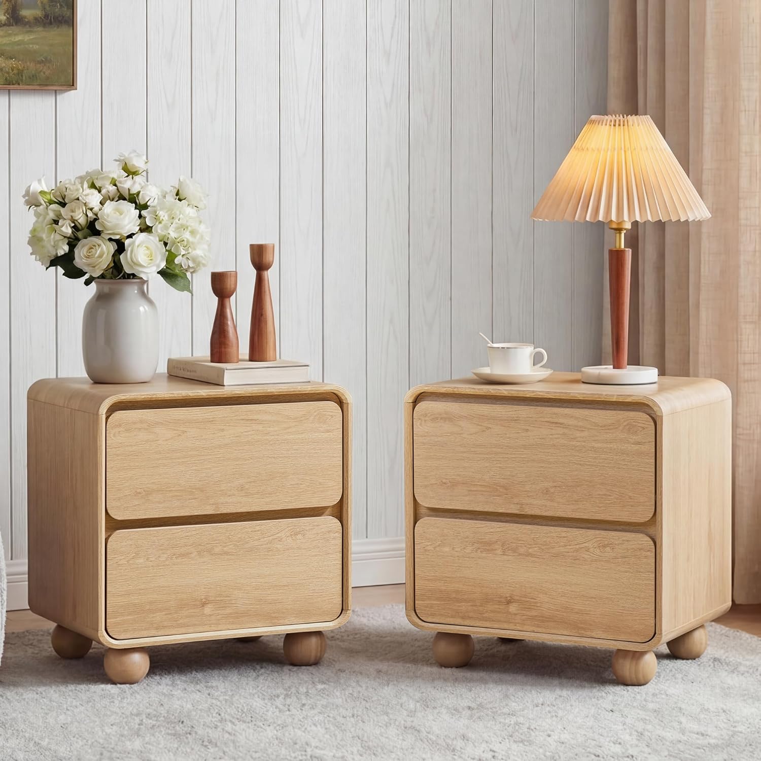 Small Night Stand Set of 2, Mid Century Modern Nightstands with 2 Drawers and Solid Wood Legs, 2 Drawer Dresser Curved Profile Design End Table Side Table for Small Space, Dorm, Bedroom(Natural)